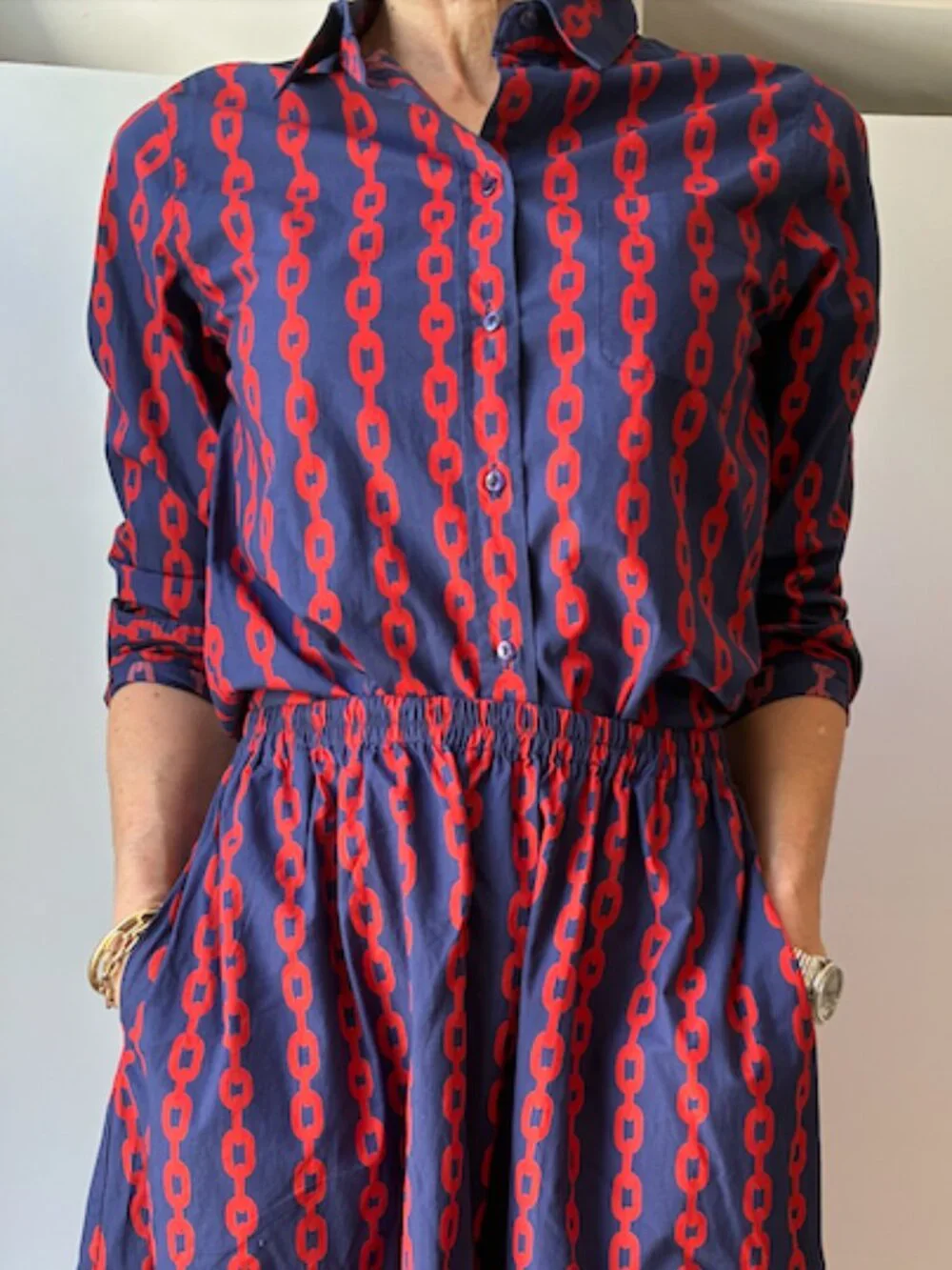 NWT Clare V. Matching Navy & Poppy Chain Link Set - Shirt & Manon Skirt (Rare)